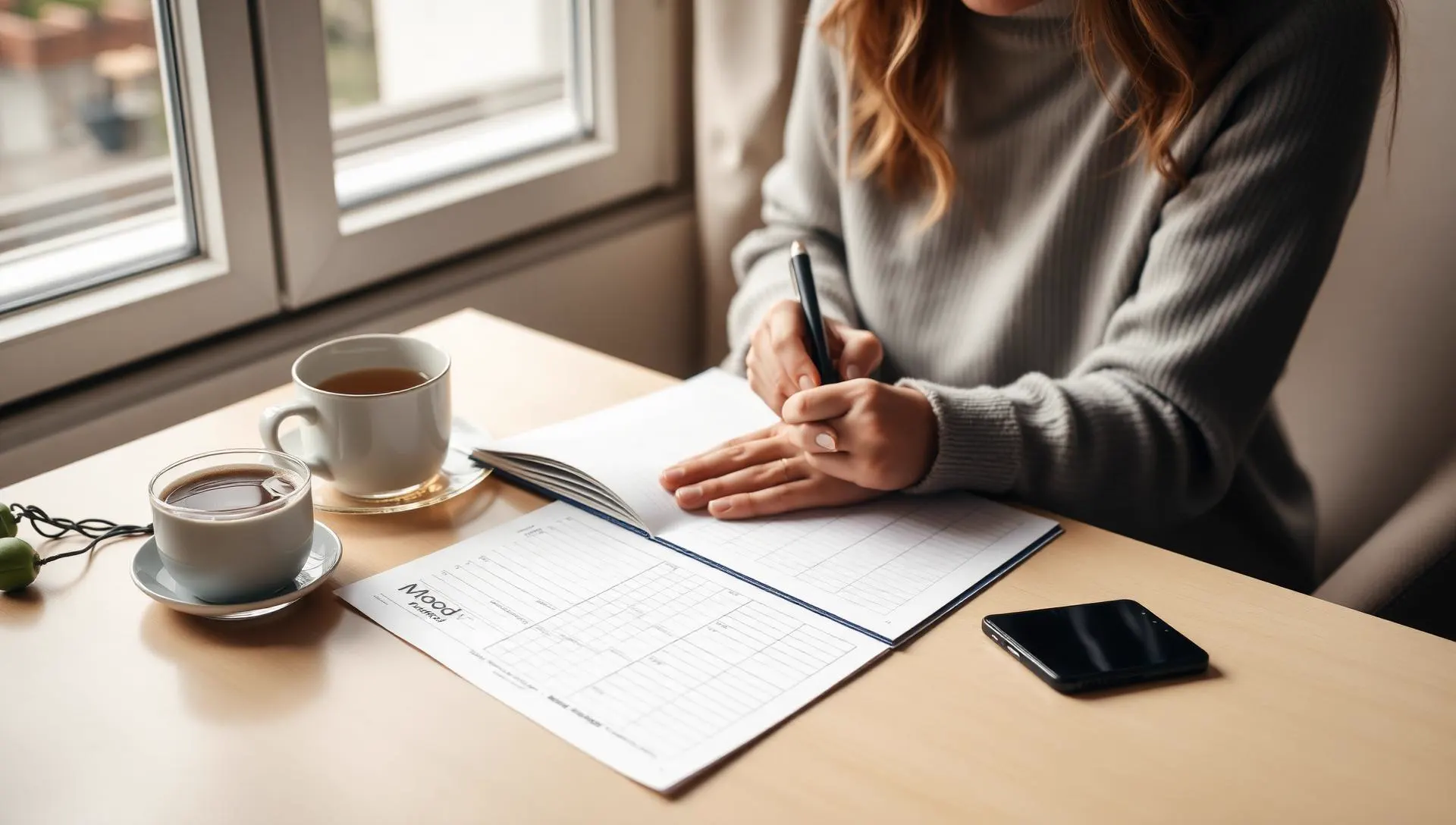 Client filling in a mood log worksheet at a sunlit table