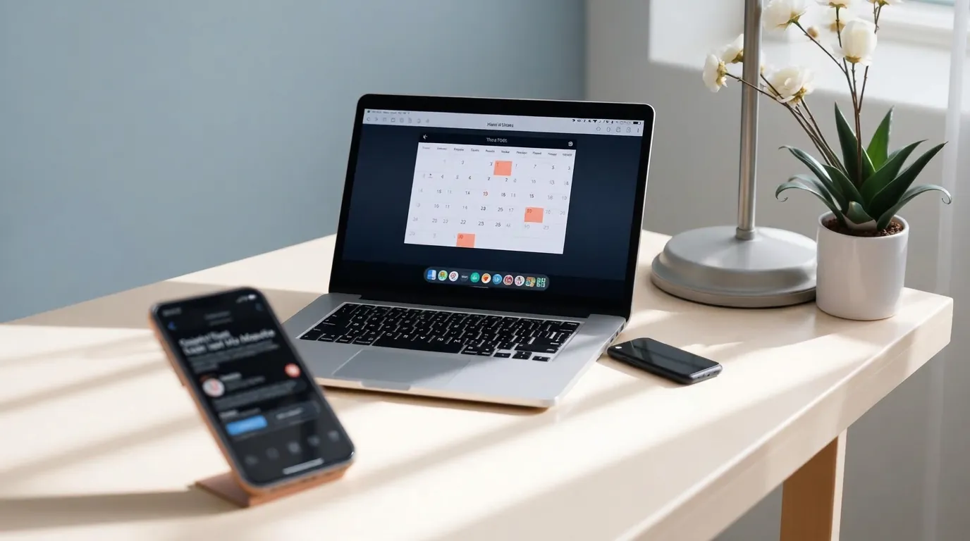 Therapist desk with a calendar on a laptop and reminders on a phone