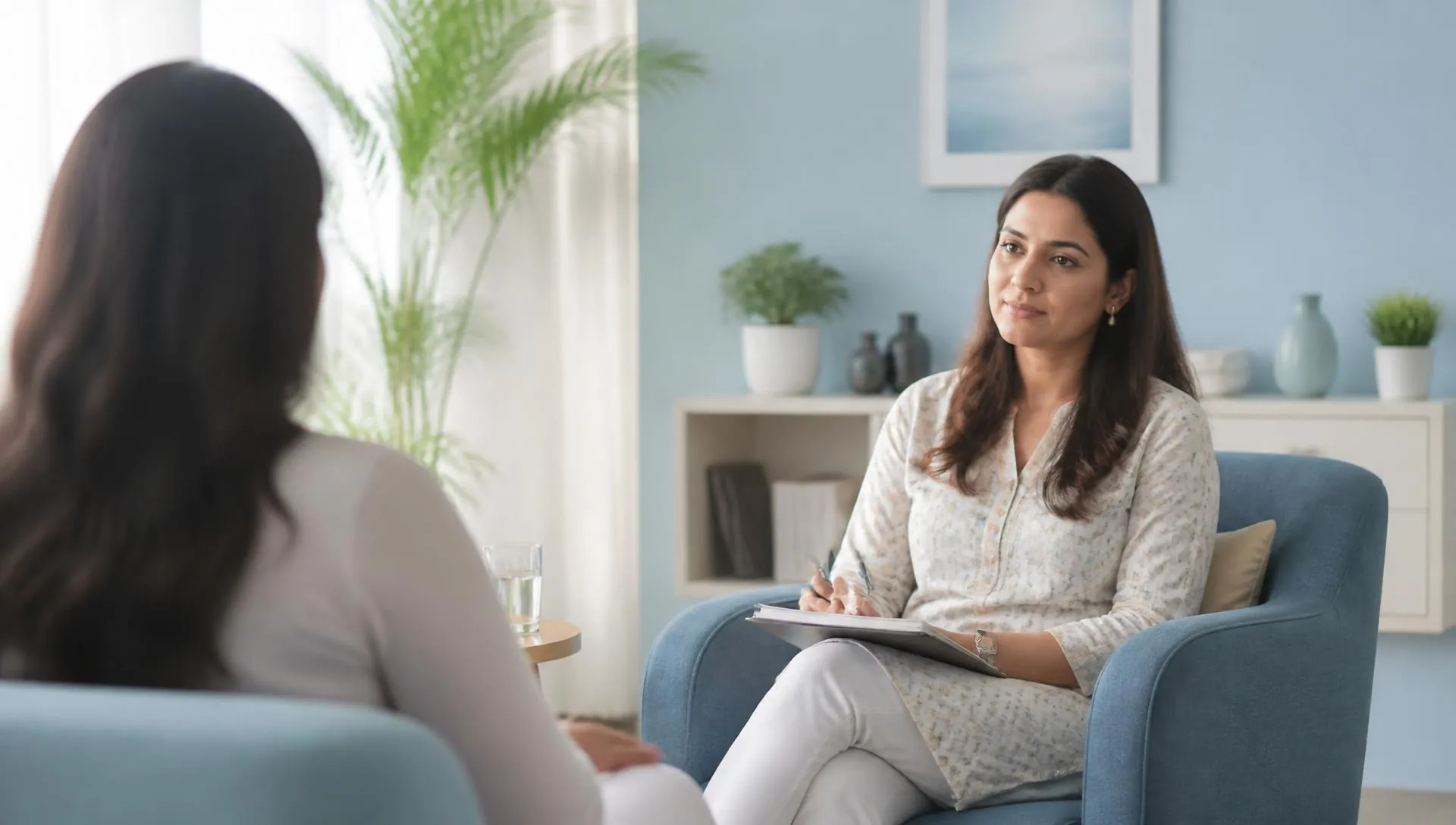Therapist in a calm consultation room with a client