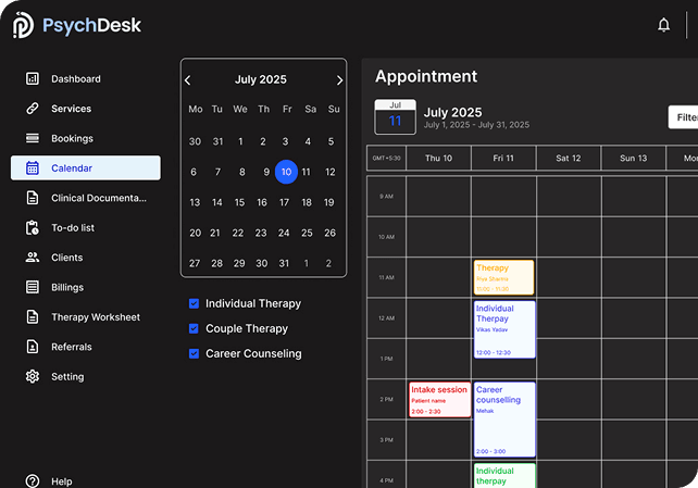 Weekly calendar view showing scheduled therapy sessions and appointments