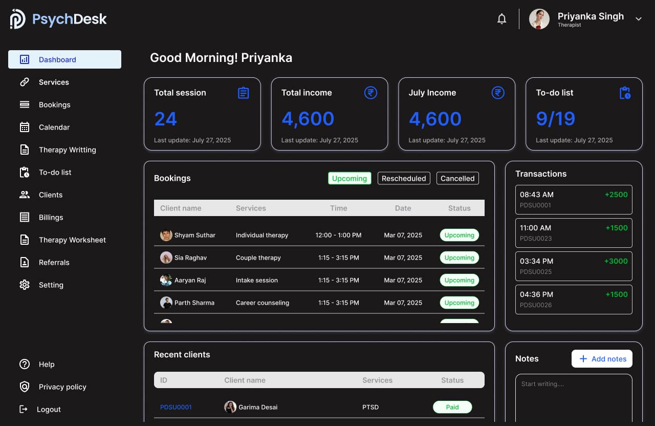 Therapy practice management software dashboard - PsychDesk
