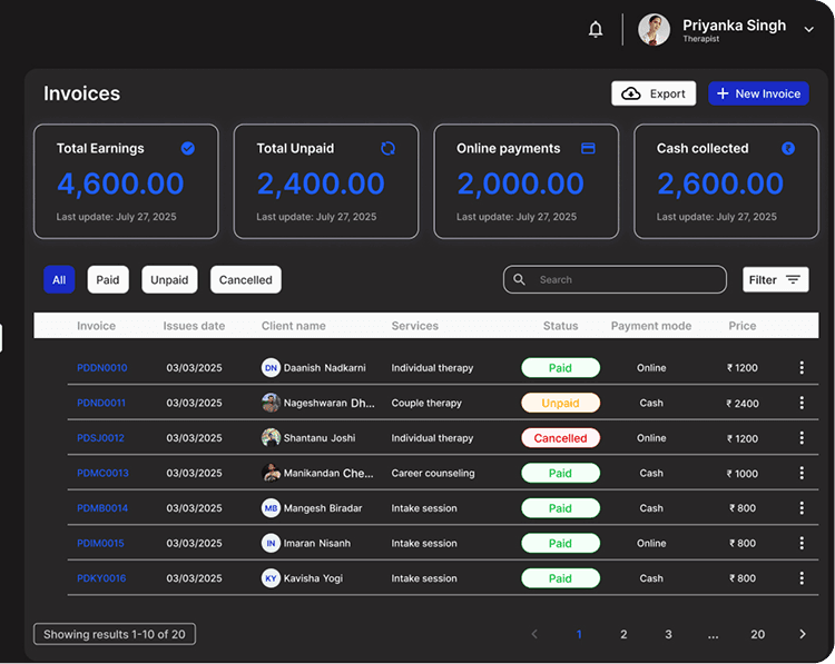 PsychDesk payment and invoicing dashboard showing automated payment collection, instant invoicing, and financial tracking for mental health professionals