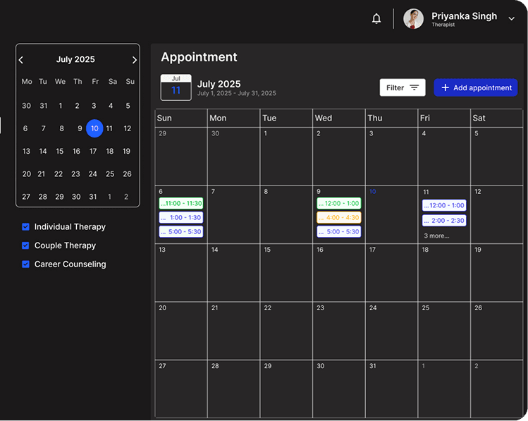 Smart scheduling calendar interface showing appointment booking and availability management for mental health professionals