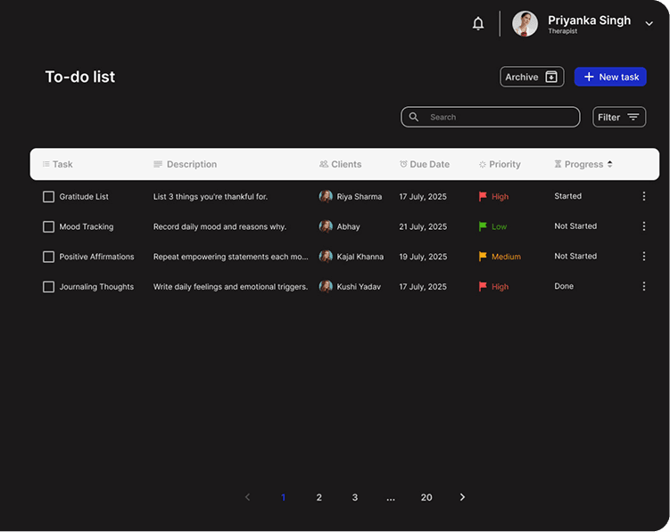 Task management dashboard showing client tasks, priorities, and progress tracking for mental health professionals