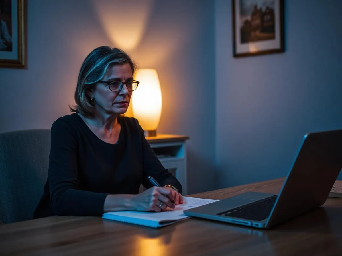 A therapist finishing paperwork at a desk late in the evening