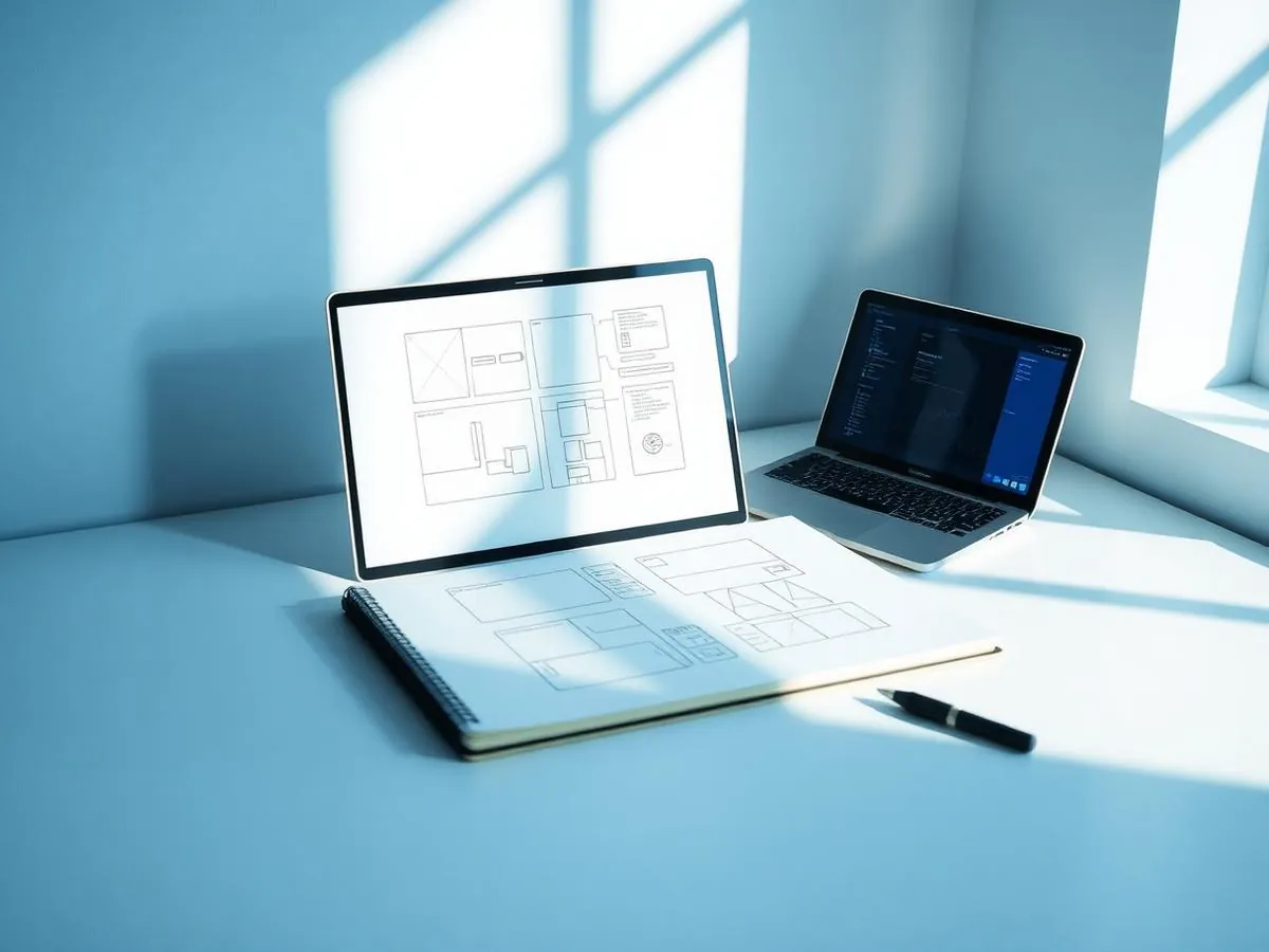Wireframes and a laptop showing a simple, uncluttered software interface
