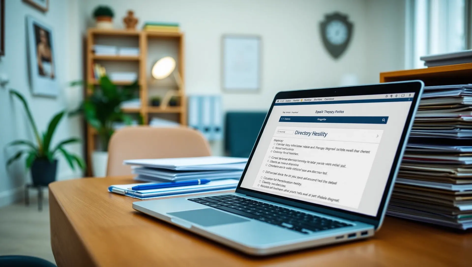 Therapist reviewing client records in a quiet consultation room