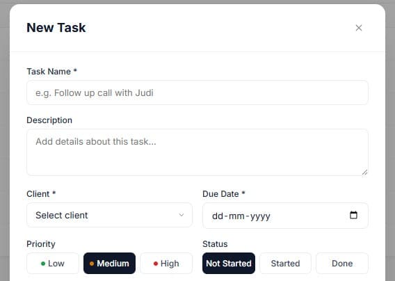Creating a new follow-up task linked to a client in PsychDesk