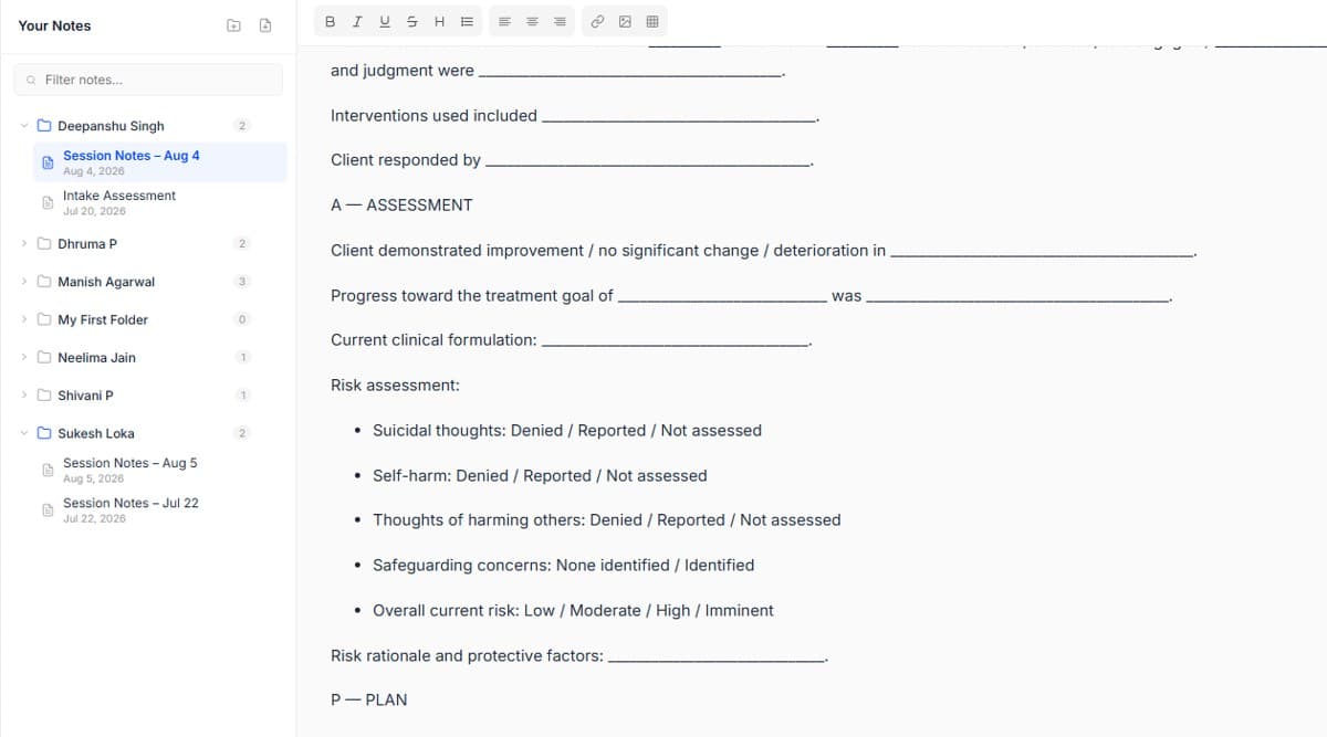 Writing session notes with AI drafts