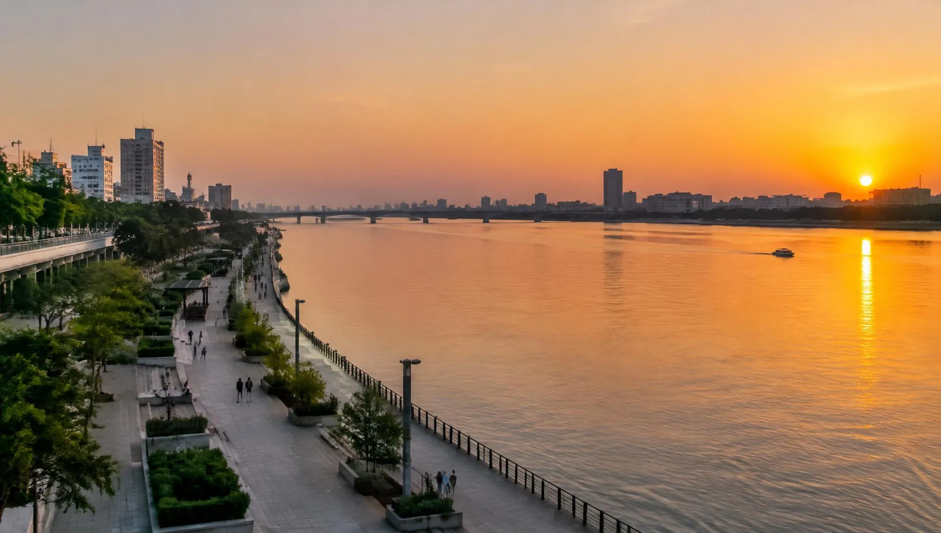 The Sabarmati Riverfront at sunset in Ahmedabad