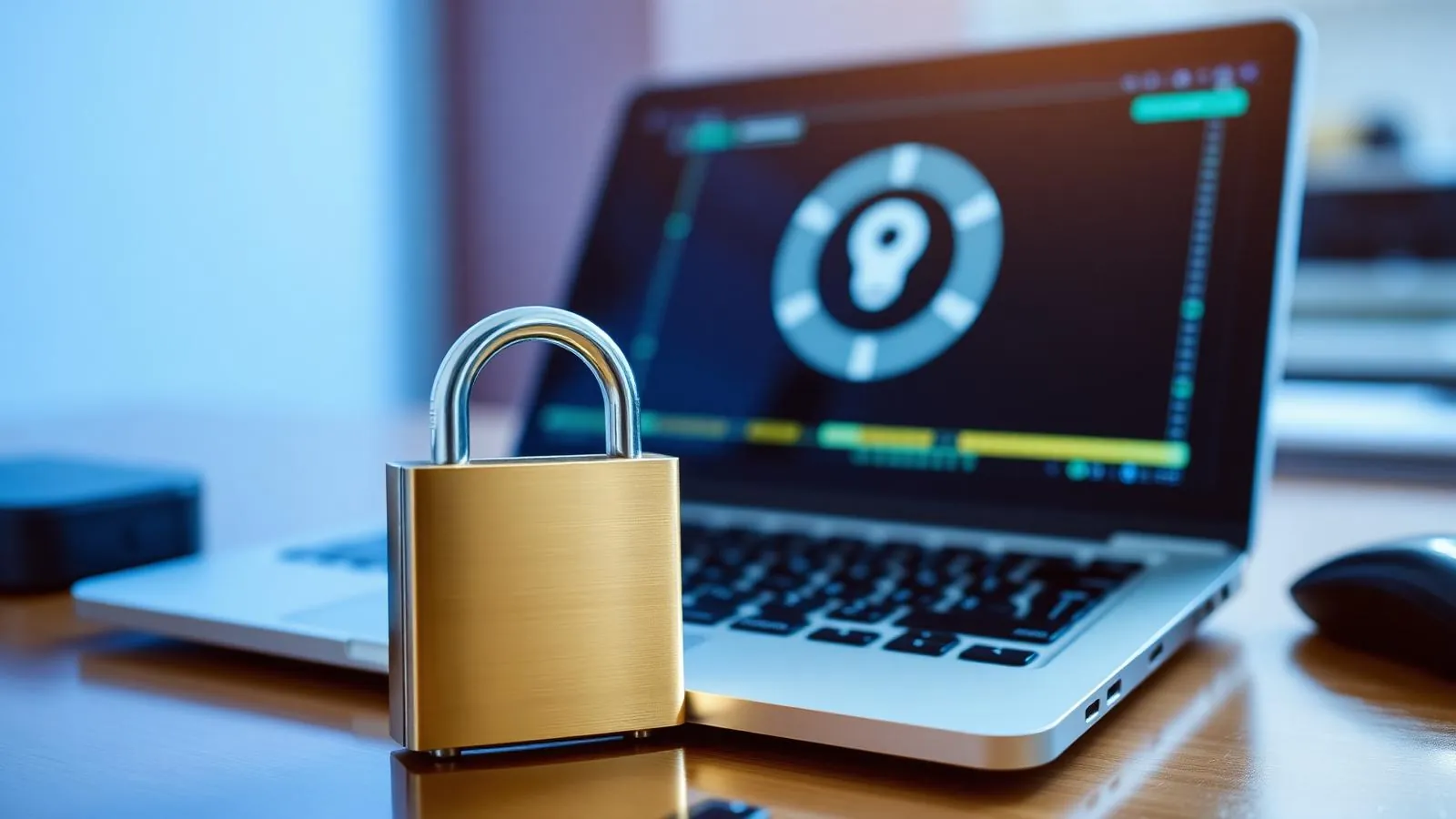 A padlock beside a laptop representing data privacy