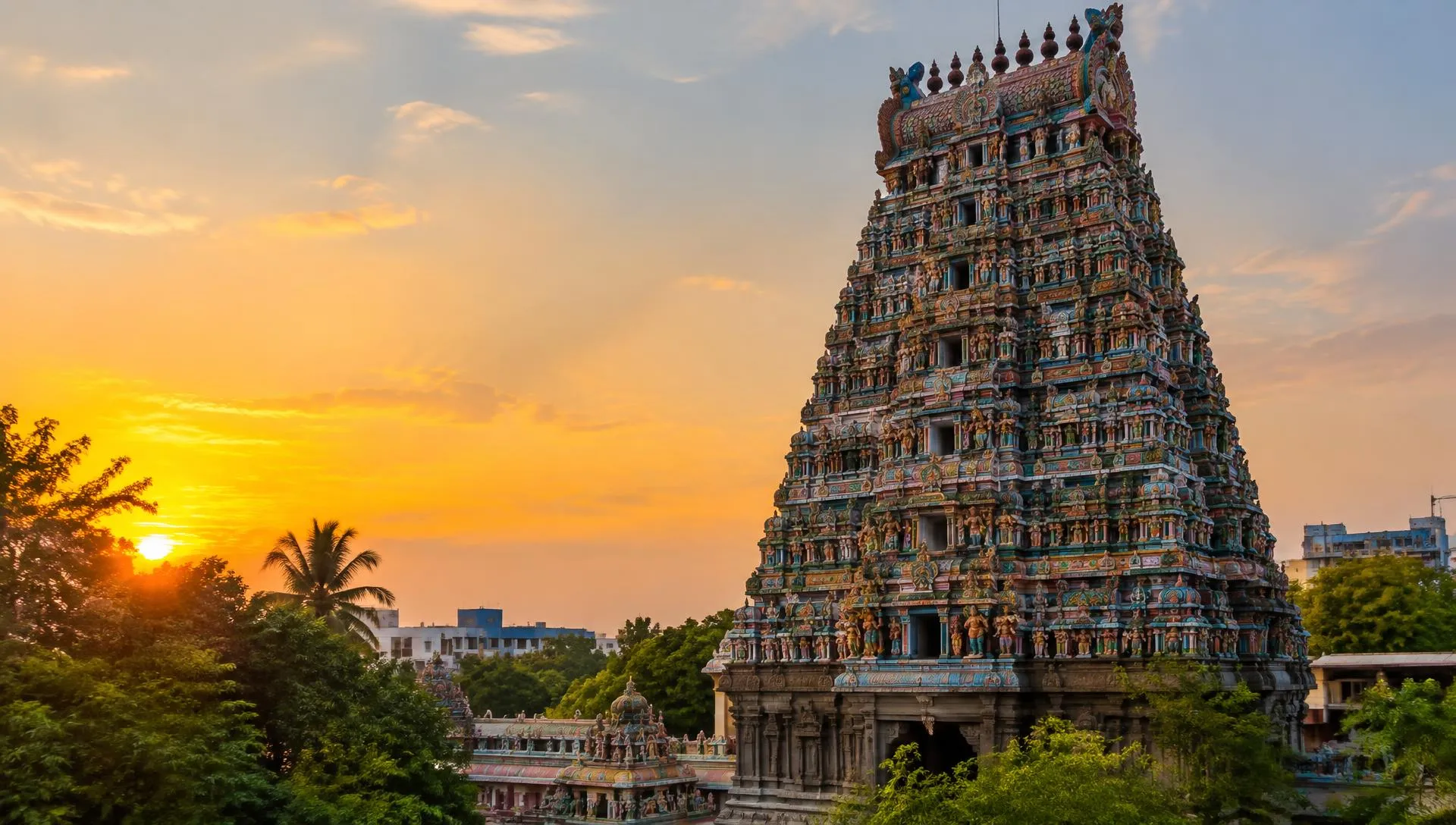 The Kapaleeshwarar Temple gopuram at sunset in Chennai