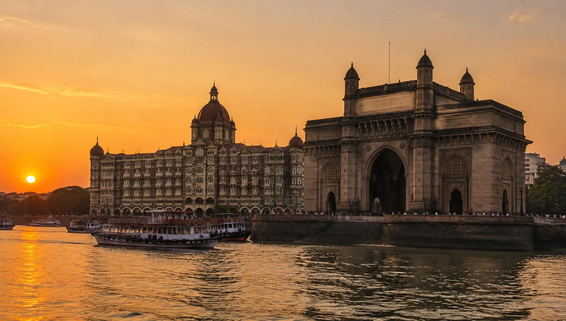 The Gateway of India and Taj Mahal Palace at sunset in Mumbai