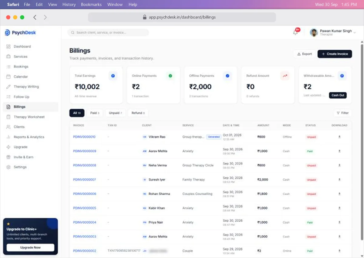Billings page with five summary cards and a list of invoices showing client, service, amount, mode and status
