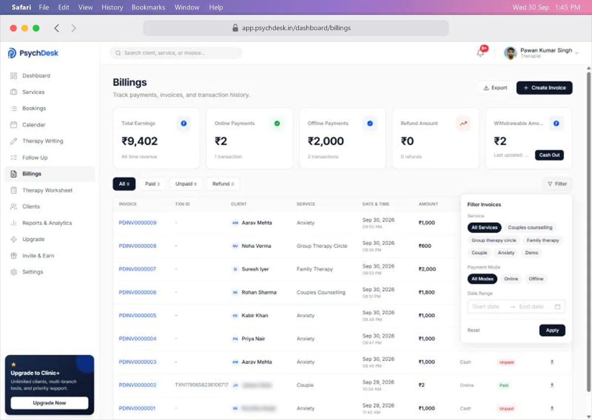 Filter Invoices panel with service, payment mode and date range options