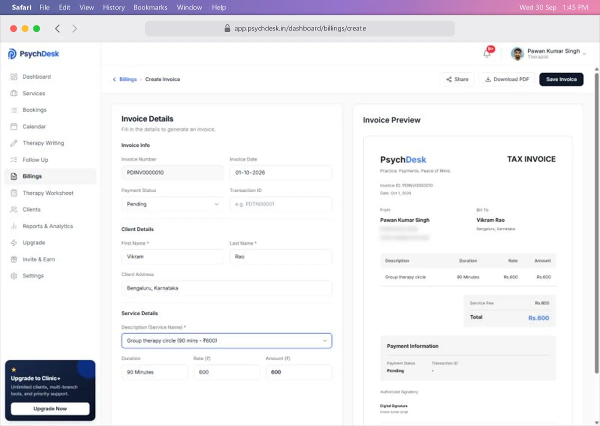 Create Invoice page with the form on the left and a live tax invoice preview on the right