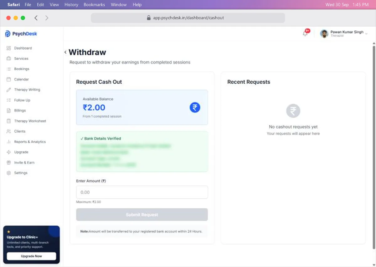 Withdraw page showing the available balance, verified bank details (blurred), the amount field and Recent Requests