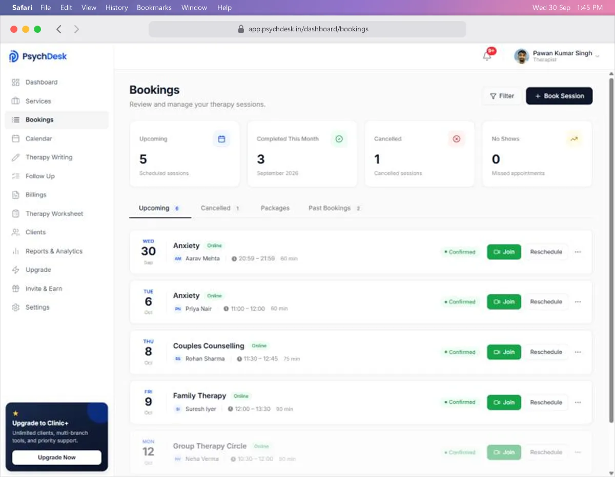 Bookings page with four summary cards and a list of upcoming sessions, each with Join and Reschedule buttons
