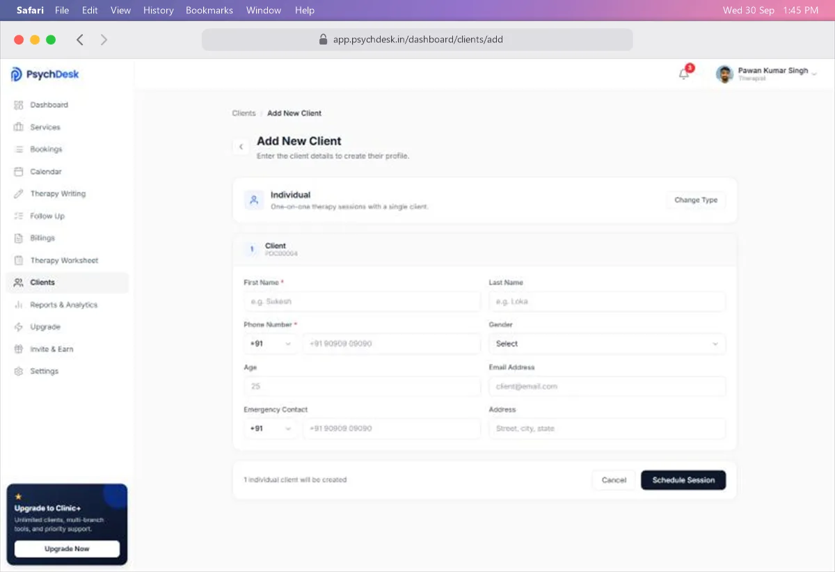 Add New Client form