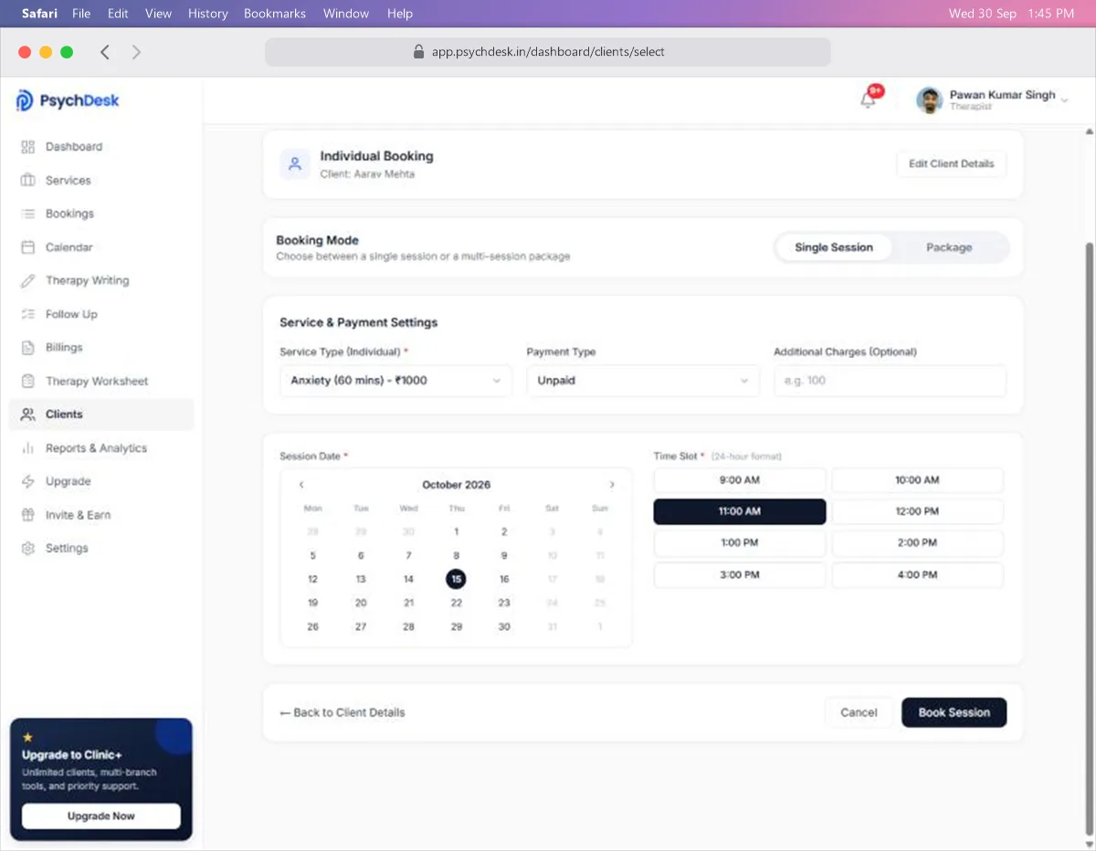 Session Details page with booking mode, service, payment type, a date chosen on the calendar and a time slot selected