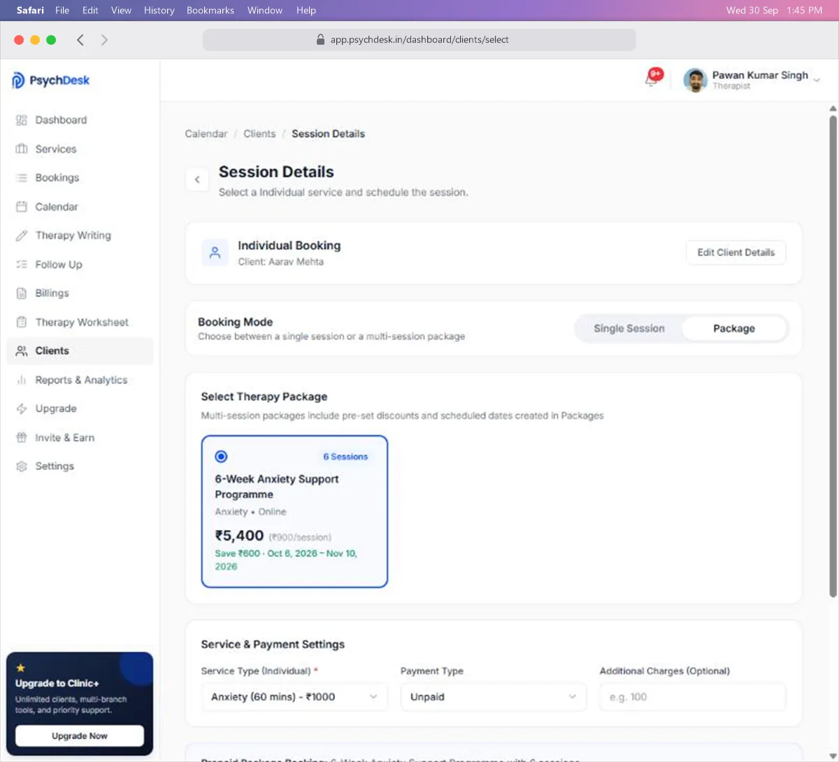 Session Details page in Package mode, with a six-session package selected