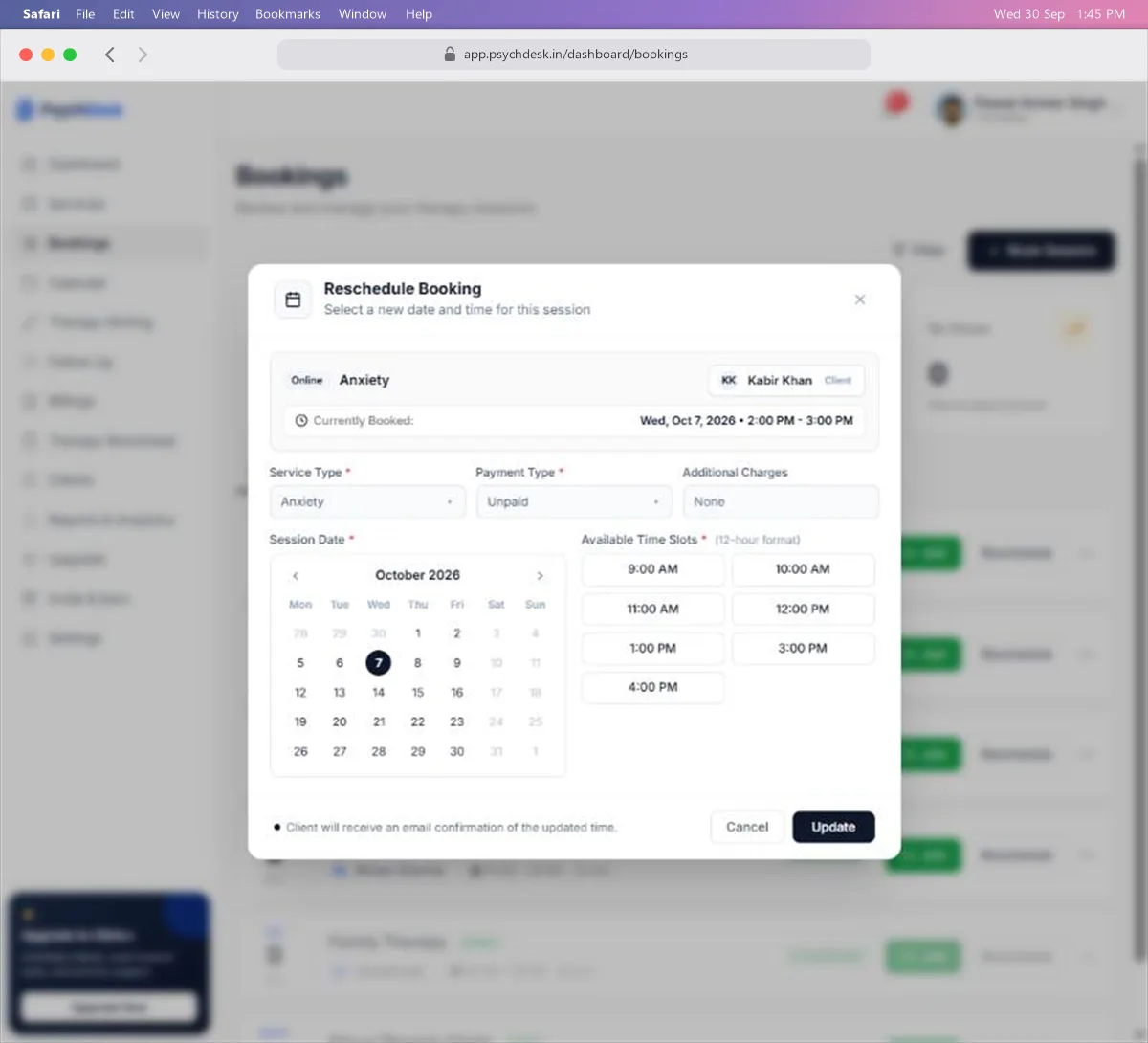 Reschedule Booking window showing the current booking, a calendar and the available time slots