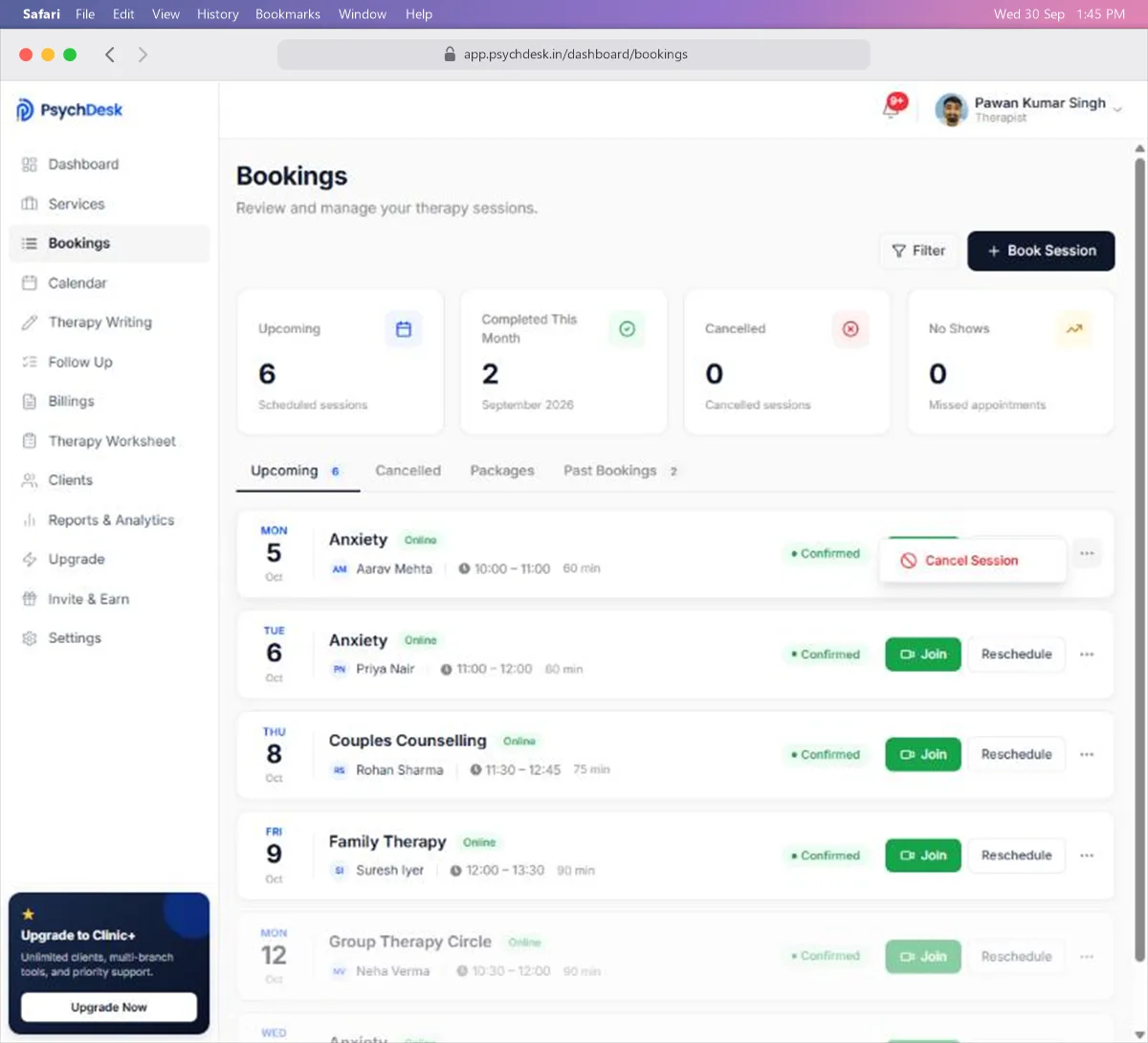 The ⋯ menu on an upcoming session, showing Cancel Session