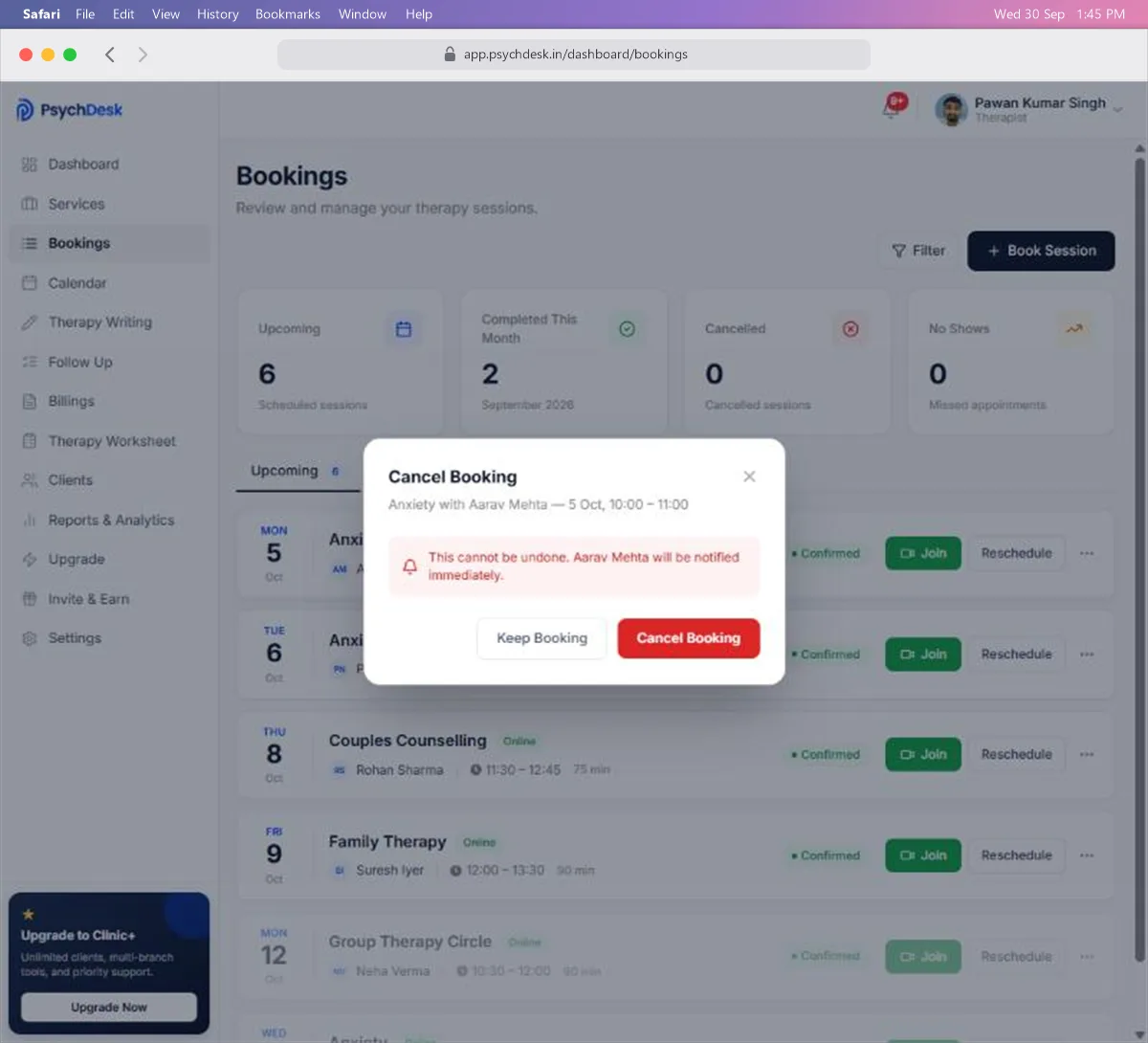 Cancel Booking confirmation warning that it cannot be undone and the client will be notified