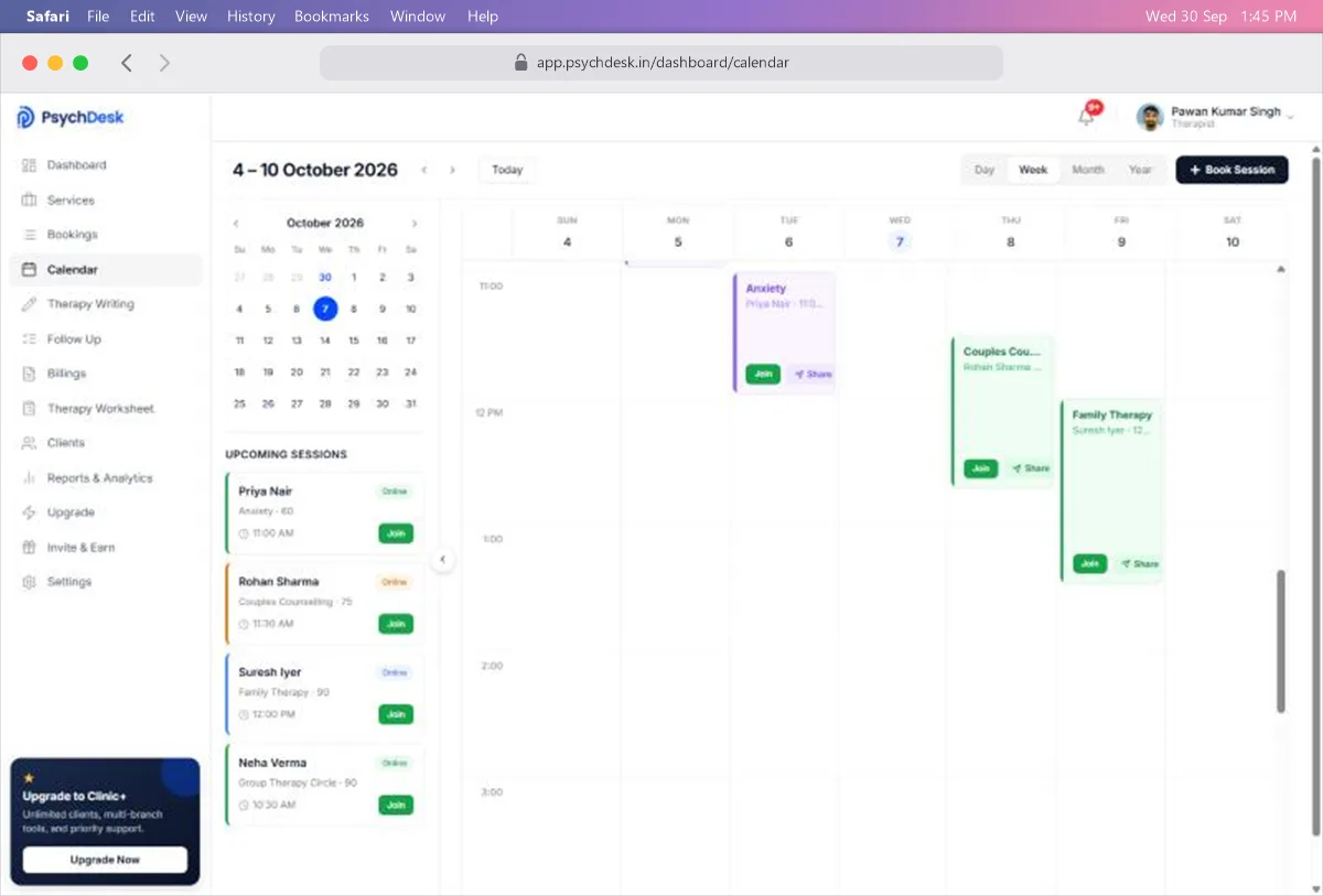 Calendar in Week view, with a month calendar and upcoming sessions on the left and sessions placed on the weekly grid