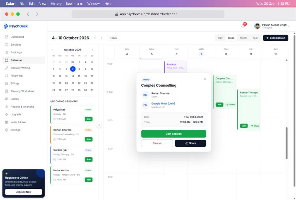 Session details window showing the service, client, Google Meet link, date and time, with Join Session, Cancel and Share buttons