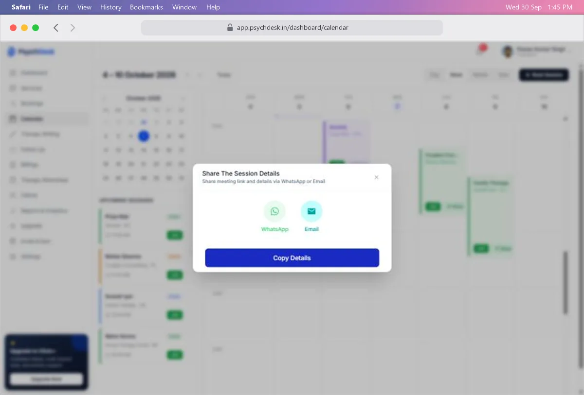 Share The Session Details window with WhatsApp, Email and Copy Details options
