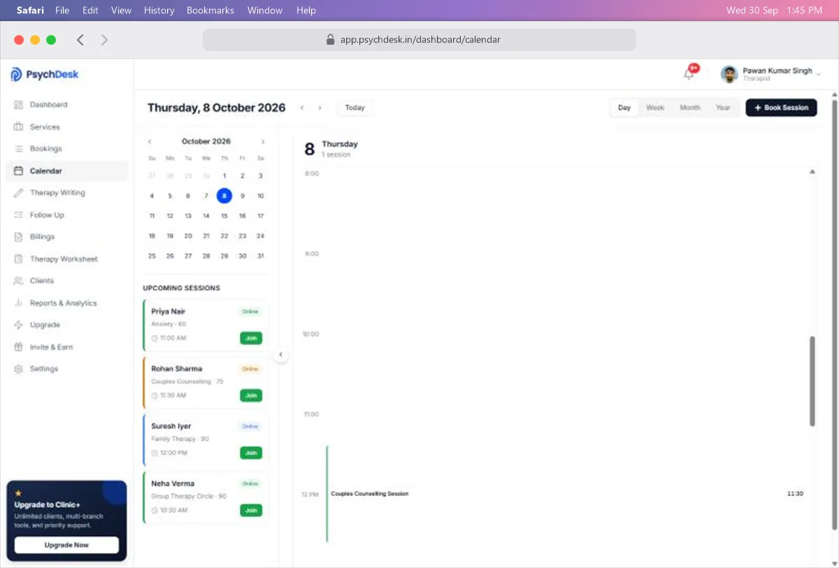 Day view for a single day with one session shown