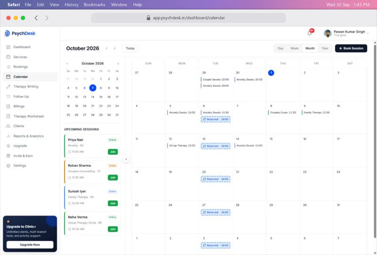 Month view with sessions listed on each day, including package sessions marked Reserved