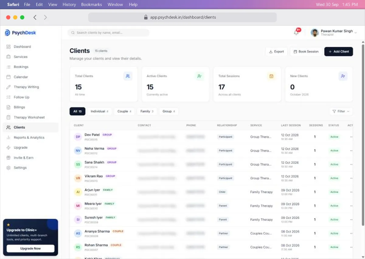 Clients page with summary cards, therapy type tabs and the client list