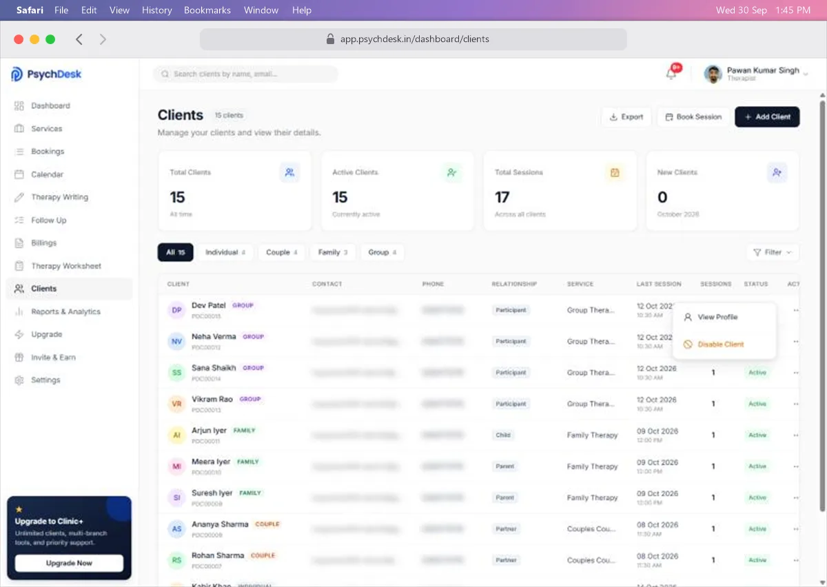 Actions menu on a client row with View Profile and Disable Client