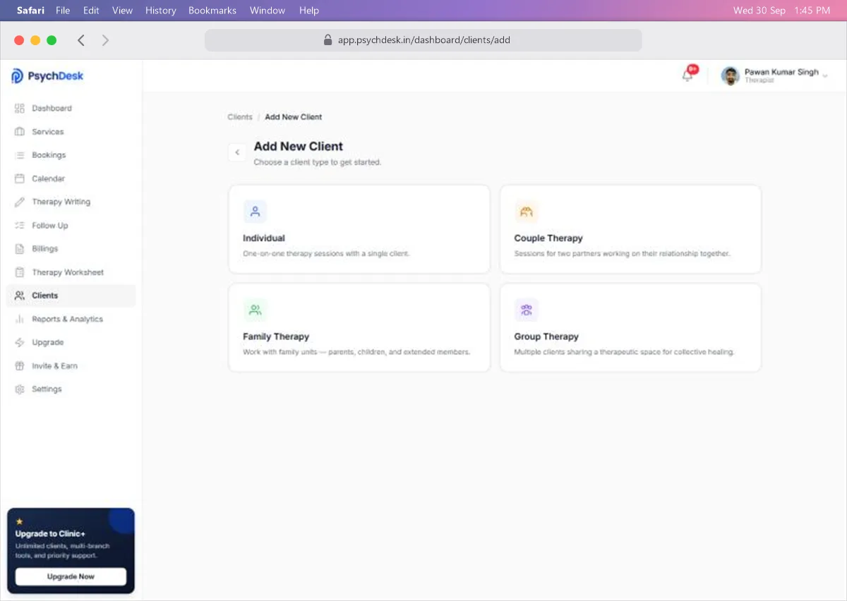 Add New Client page with the four client types