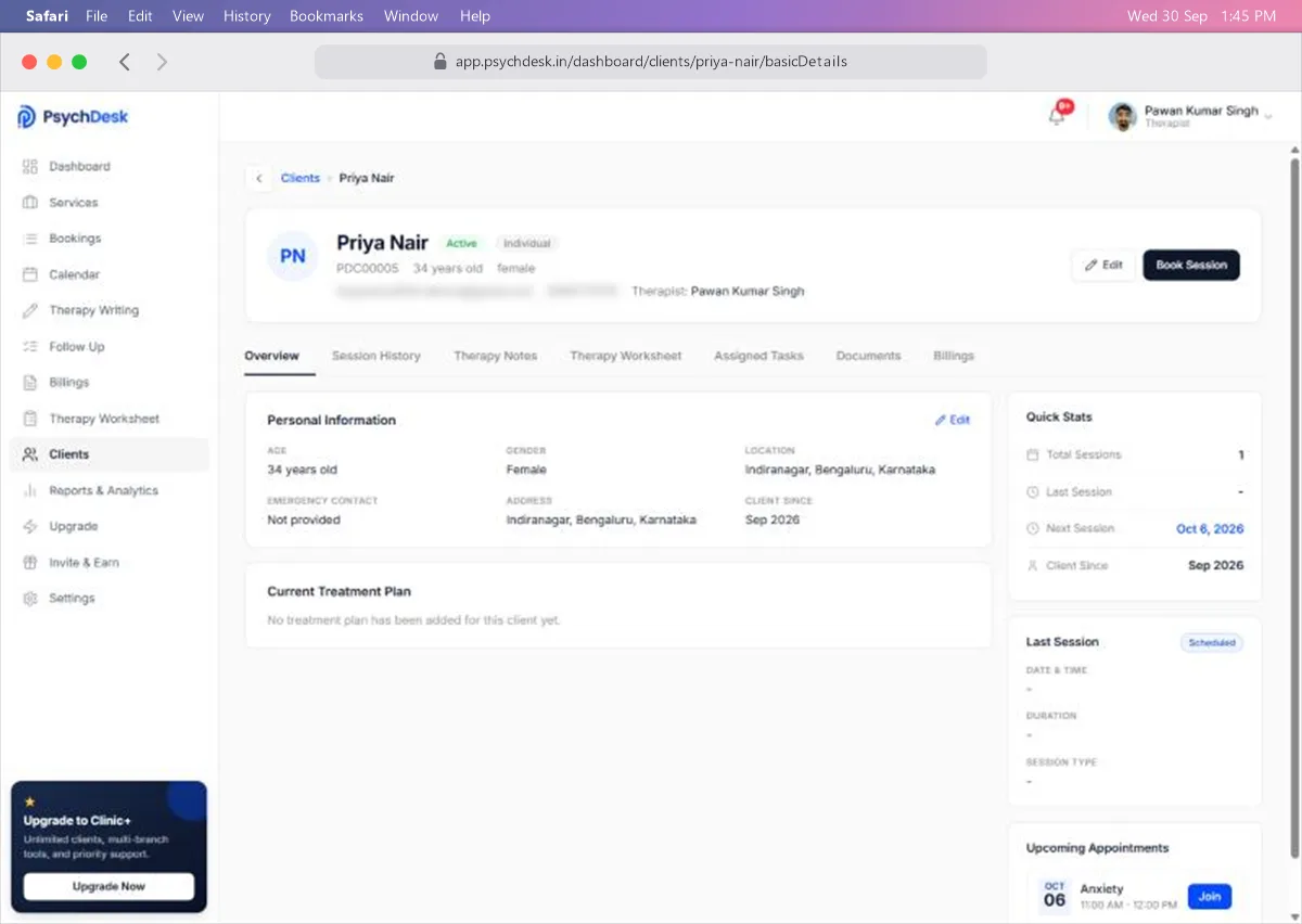 Client Overview tab with personal information, treatment plan, quick stats and upcoming appointments
