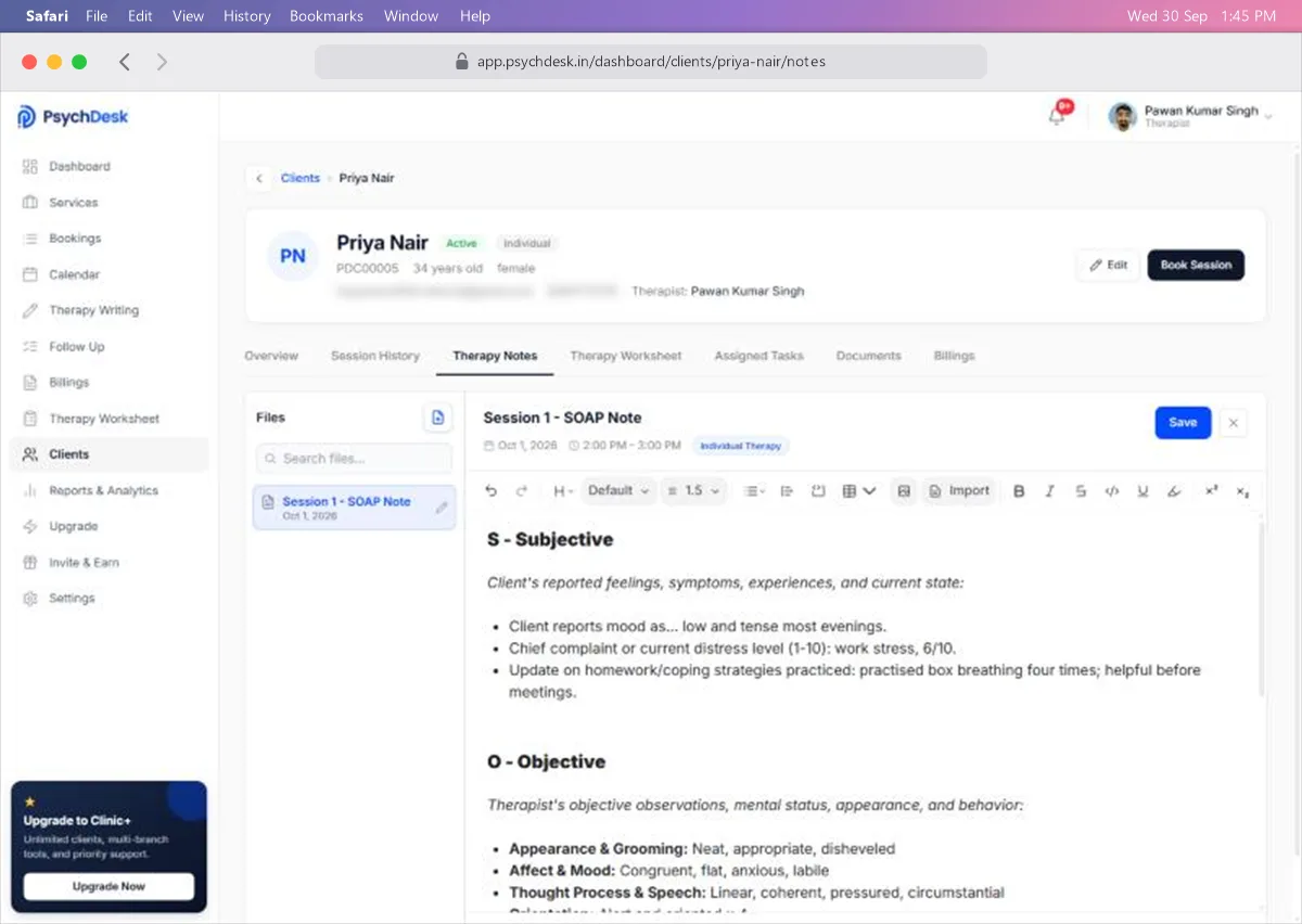 Therapy Notes tab with the client's saved SOAP note open