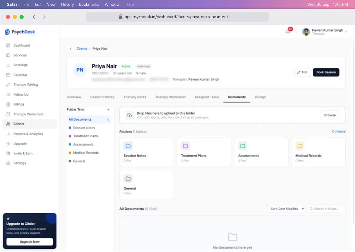 Documents tab with the folder tree, upload area and five folders