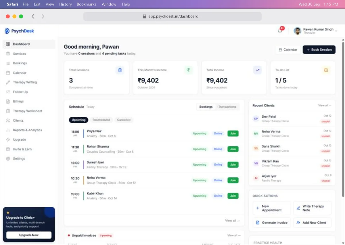 Dashboard with the greeting, four summary cards, the schedule, recent clients and quick actions