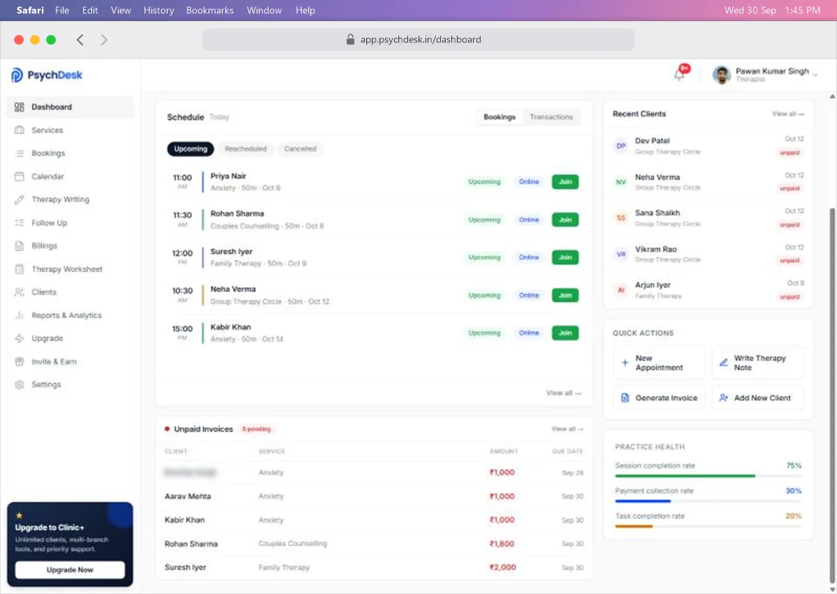 Lower half of the Dashboard with unpaid invoices, quick actions and practice health