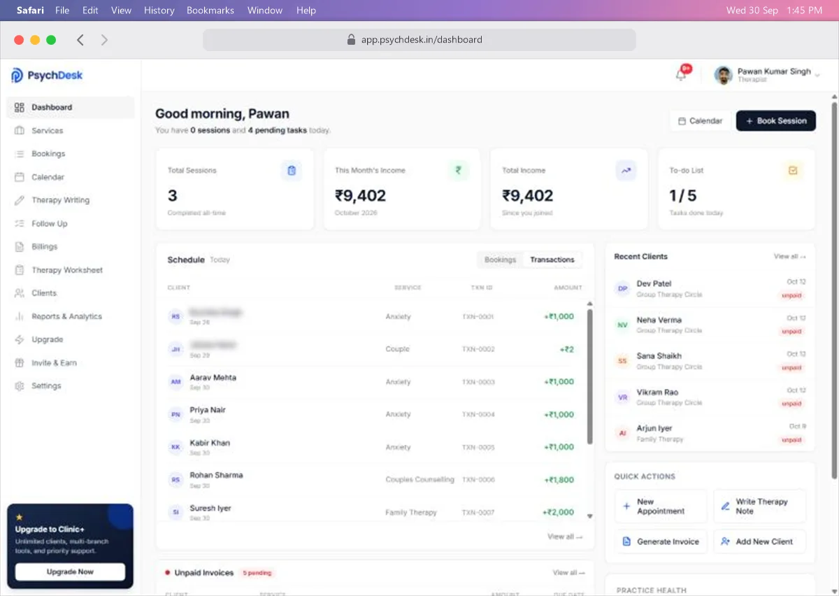 Schedule panel on the Transactions view, listing recent payments