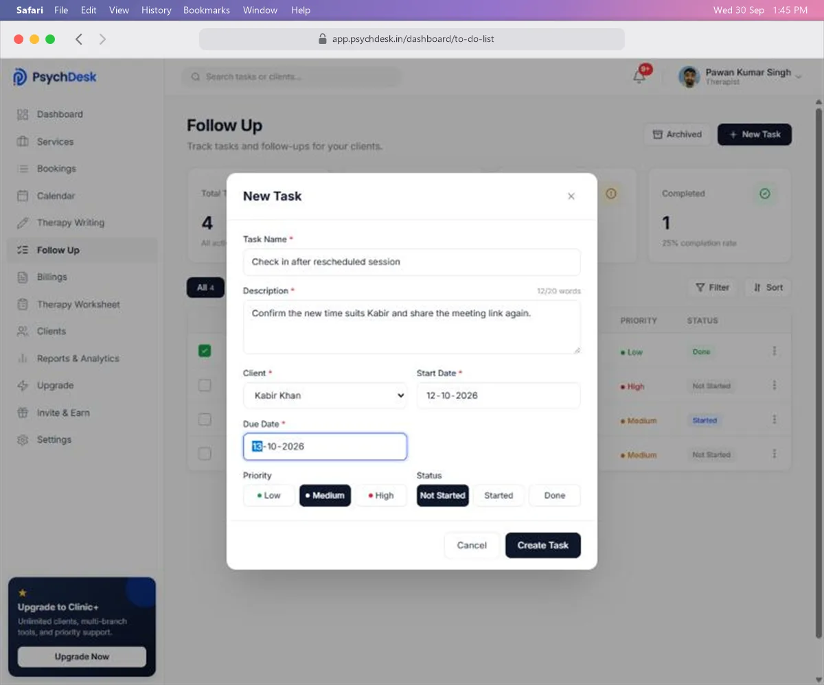 New Task window filled in with a task name, description, client, dates and priority
