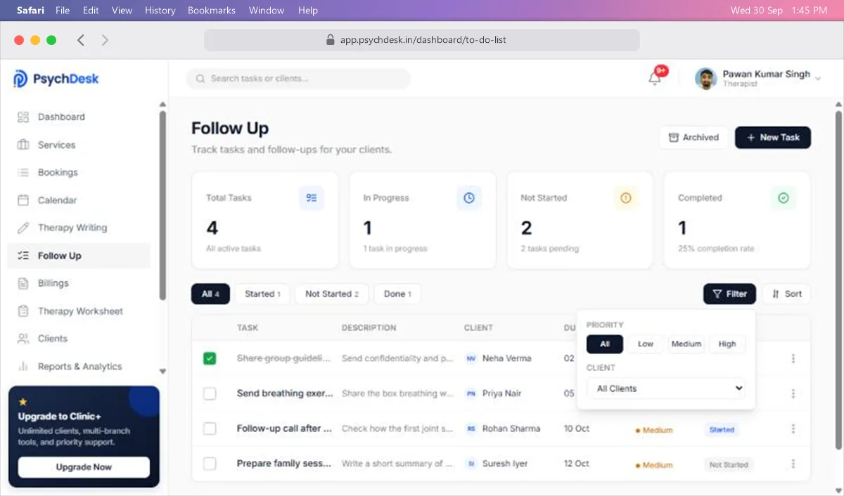 Filter panel with priority buttons and a client list