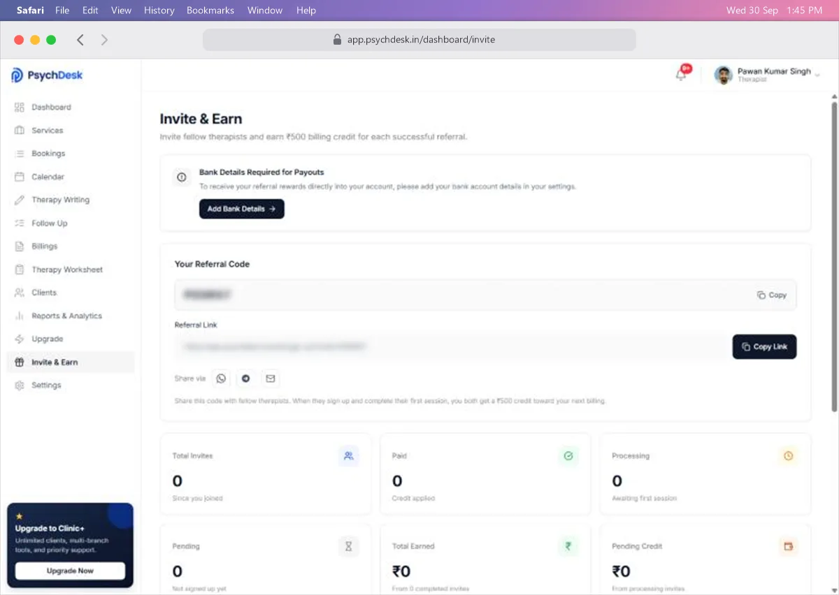 Invite & Earn page with the referral code, referral link and sharing buttons