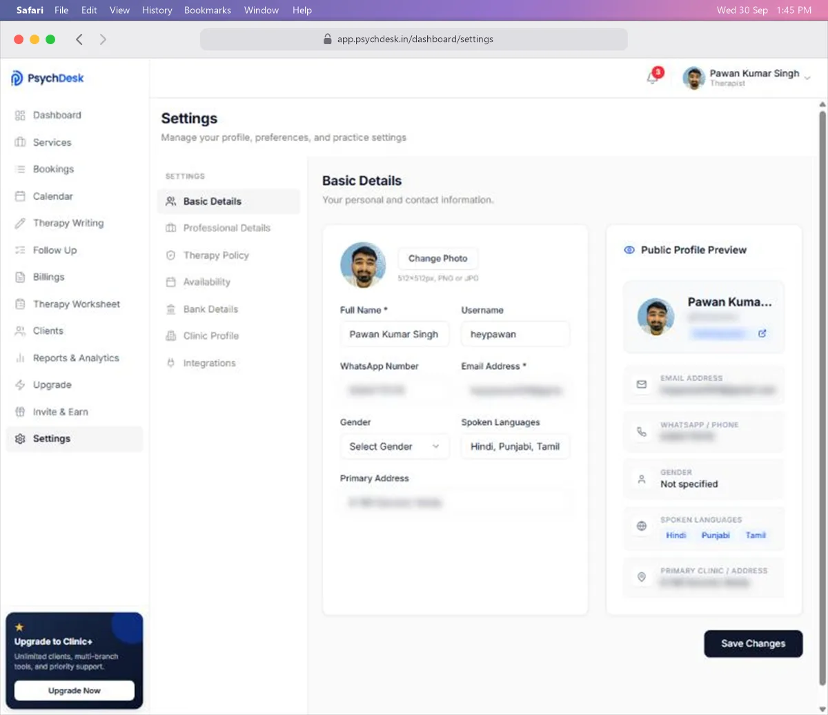 Basic Details page in Settings, with the Public Profile Preview on the right