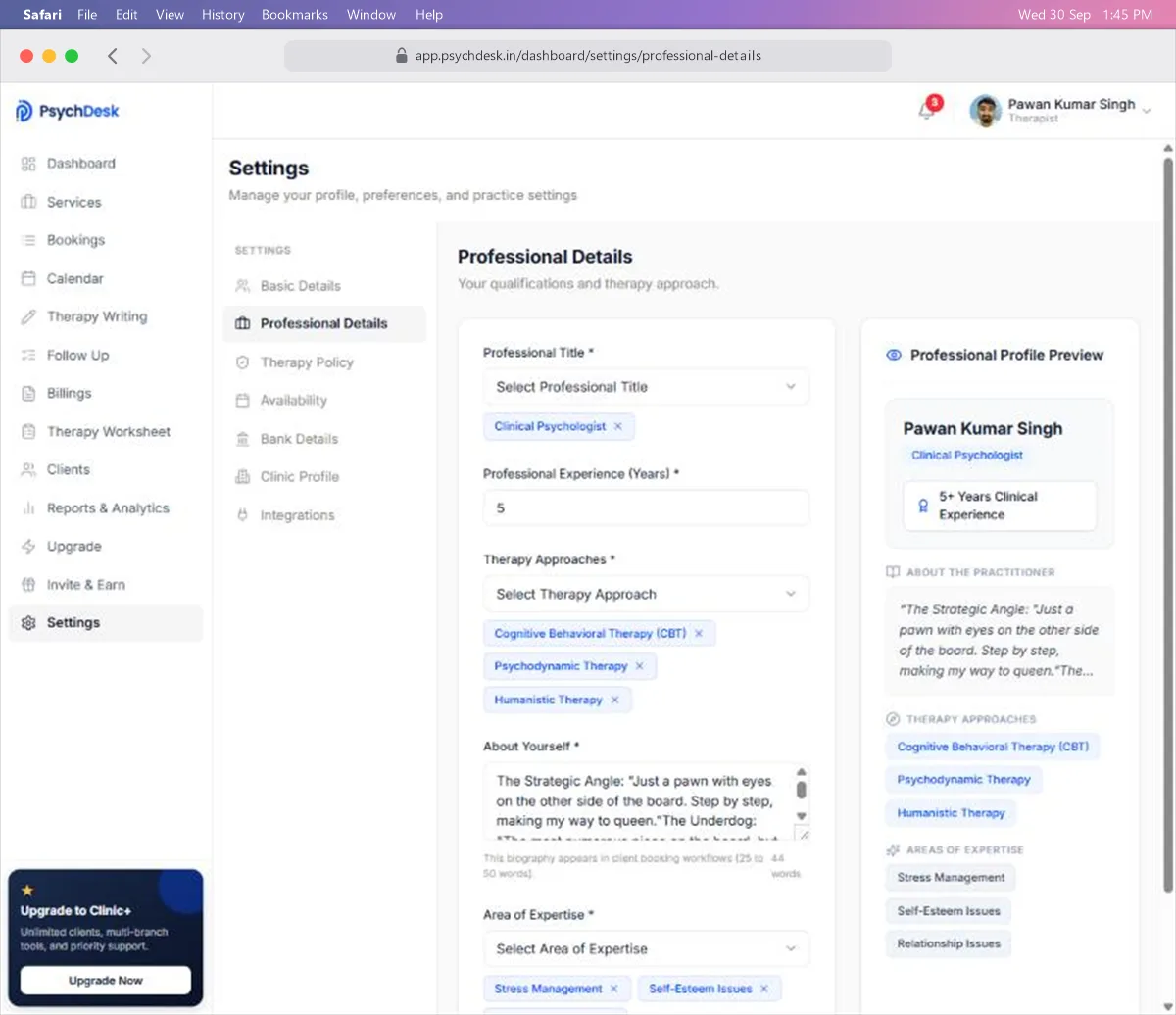 Professional Details page showing title, experience, therapy approaches, bio and areas of expertise
