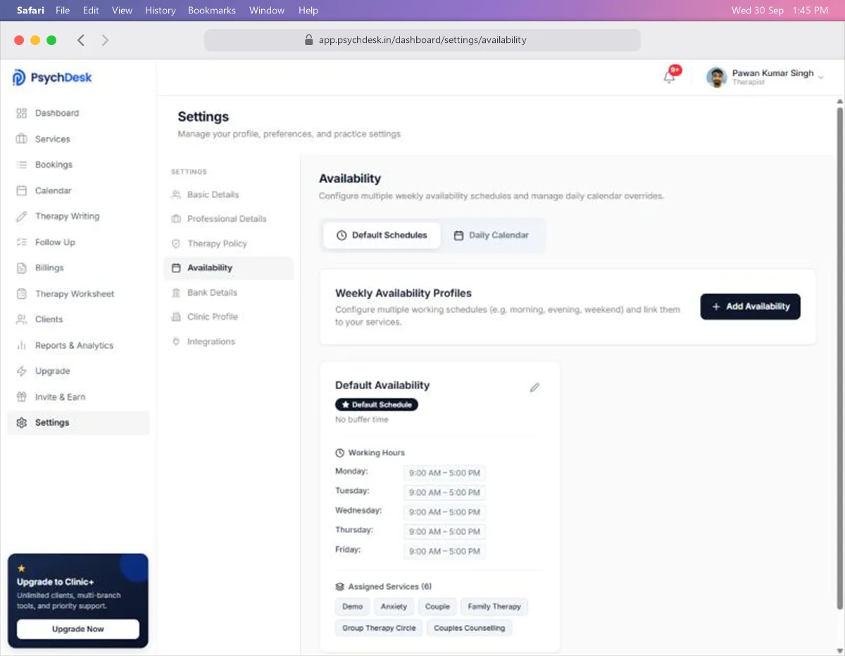 Availability page on the Default Schedules tab, showing the default weekly schedule