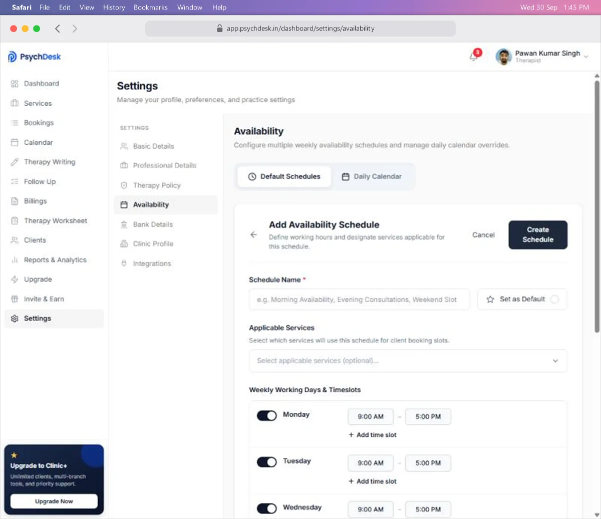 Add Availability Schedule form with the schedule name, services and working days