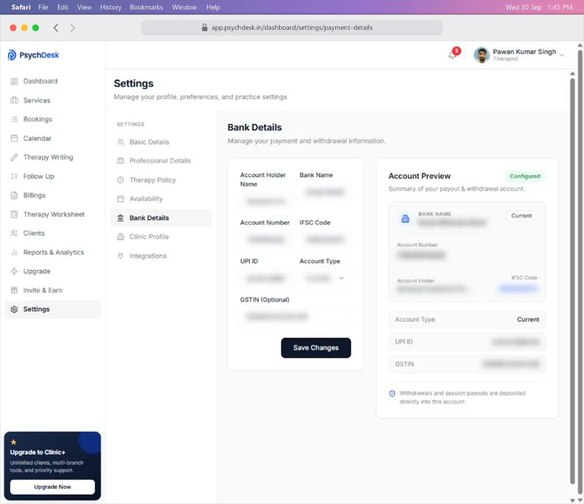 Bank Details page with the Account Preview on the right; the account values are blurred